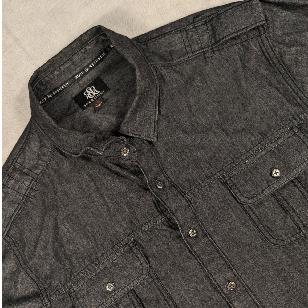 Rock & Republic Mens XXL Gray Long Sleeve Button Down Cotton Shirt Epaulettes
